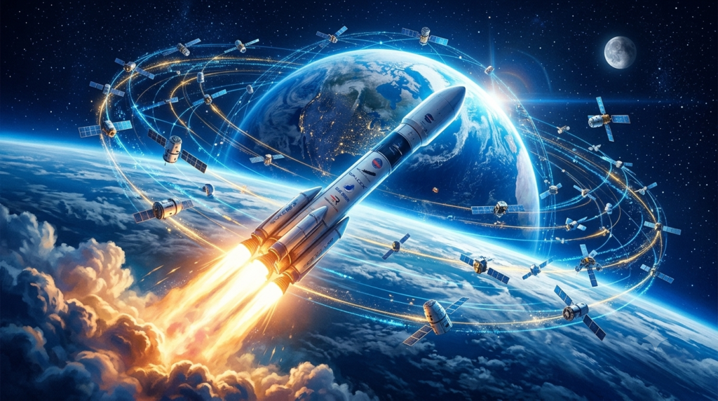 Rocket launching into space with satellites